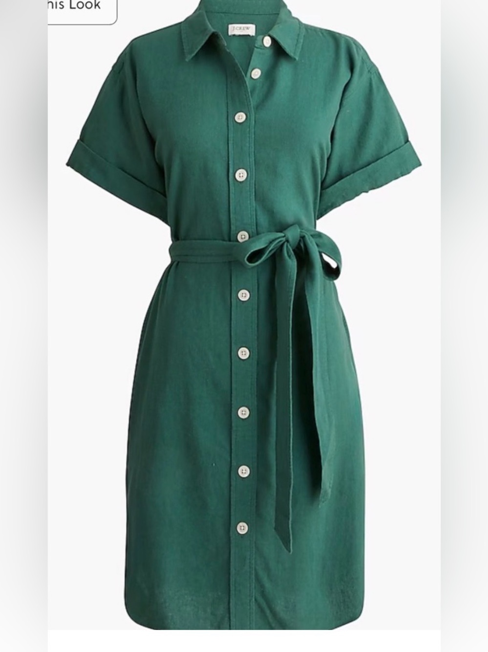 J. Crew Forest Green Button-Front Mini Shirt Dress with Tie Waist
